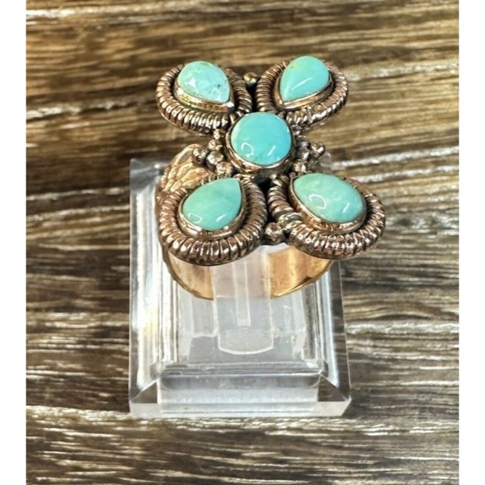 Southwest Copper Kingman Turquoise MultiStone Cluster Statement Ring 8.25 Adj - Picture 4 of 8